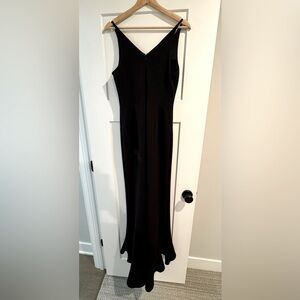 Betsy & Adam black stretch scuba gala dress with ruffle train size 4